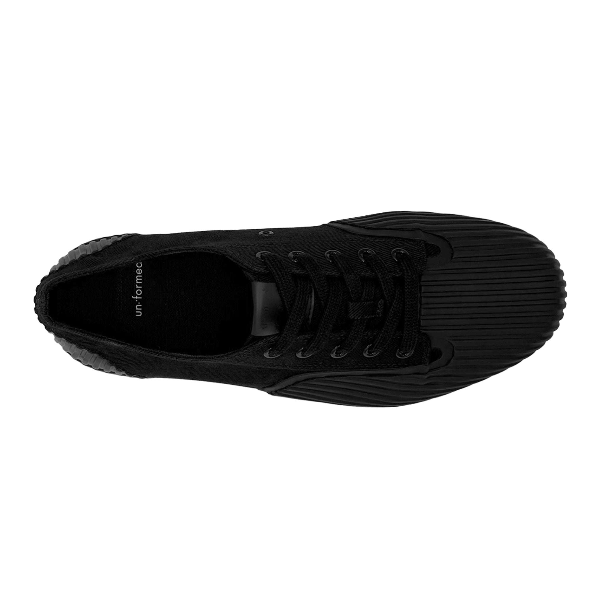 Top view of UNFORMED black canvas low-top sneakers